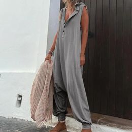 Women Jumpsuit Sleeveless Button Closure Hooded Playsuit Solid Color Loose Summer Jumpsuit Cotton Blend Lady Hooded Jumpsuit 231228