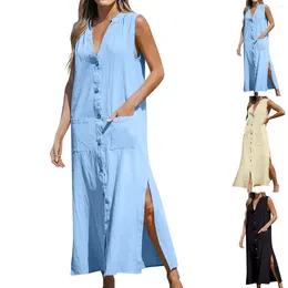 Casual Dresses Plus Size Single Breasted Shirt Dress Fashion Side Splits Pockets V Neck Sleeveless Maxi For Women Vestidos Para Mujer