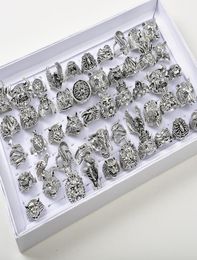Whole 50pcsLots Vintage Punk Animal Mix Owl Tiger Dragon Eagle Etc Style Antique Silver Personality Jewellery Rings For Men Wom6614843