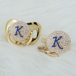 MIYOCAR gold Initials blue 3D letter k bling pacifier and pacifier clip BPA free dummy ideal gift baby shower 231229