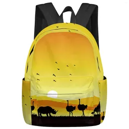 Backpack African Sunset Landscape Ostrich Rhinoceros Silhouette Women Man Backpacks Waterproof School For Student Bag Mochila