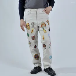 Men's Pants Fashionable Personalized Trousers Handmade Style Unisex Embroidered Skull Slim Fit Versatile Casual For Men And Women