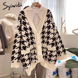 Jackets Syiwidii Sweater Oversized Cardigans Women Houndstooth Jacket Vneck Autumn Winter 2021 Chic Knitted Loose Tops Warm Coat Purple