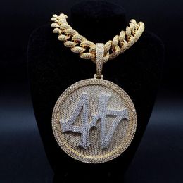 Super Iced Out Big Round Spinner Number 44 Pendant Necklace Gold Plated Full CZ Mens Hip Hop Bling Jewellery Gift243Q