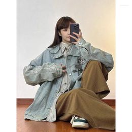 Women's Jackets Rose Embroidery High Street Vintage Denim Turn Down Collar Women Long Sleeve Loose Y2k Coats American Casual Outerwear