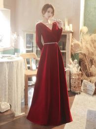 Ethnic Clothing Elegant Fashion V-neck Solid Colour Long Sleeve Dresses Wine Red A-LINE Skirt Summer Women's 2023