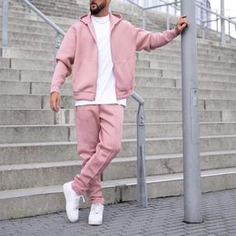 Men's Tracksuits Men Outfit Set Autumn/Winter Pink Hooded Long Sleeved Jacket And Pants Versatile Two-piece Mens Clothing Suits