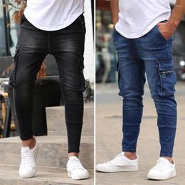 Men's Jeans Men Multi Pockets Zipper Closure Solid Color Slim Fit Stretchy Streetwear Bottoms Skinny Denim Pants For Working