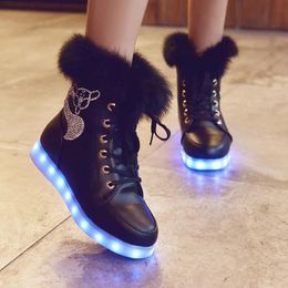 shoes Winter Cotton Shoes For Women Snow Boots Pu Leather Platform Flat Shoes Led Light Kids Glowing Boots Girl Fur High Top Sneakers
