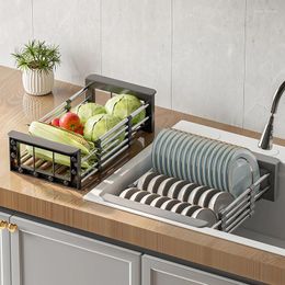 Kitchen Storage Adjustable Dish Drainer Stainless Steel Sink Drain Rack Fruit Vegetable Basket Extendable Drying