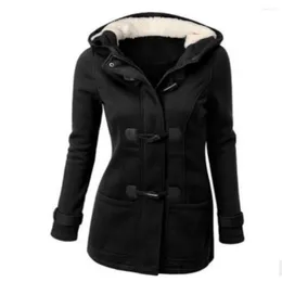 Women's Trench Coats Hooded Cotton Blend Classic Horn Leather Buckle Coat Jacket Women