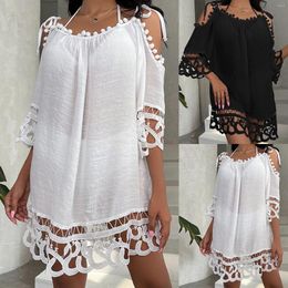 Women's Swimwear Tops Boho Loose White Coverup Blouse Off Shoulder Dress Hollow Out Lace For Vacation Woman Clothing