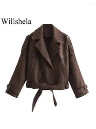 Women's Jackets Women Fashion With Belt Brown Double Breasted Vintage Lapel Neck Long Sleeves Female Chic Lady Outfits