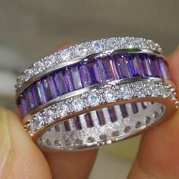 Whole Professional Luxury Jewlery Princess Cut 925 Sterling Silver Amethyst Gemstones CZ Diamond Wedding lover Band Ring Gift 228e