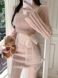 Winter Pink Kawaii Y2k Mini Dress Faux Fur Slim Sexy Bodycon Knitted Dress Woman Elegant Dress Korean Fashion 231229