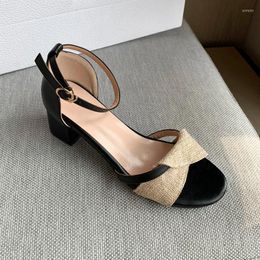 Sandals YQBTDL Black Block Square Heels Summer Women High Beige Daily Ankle Strap Cloth Design Women's Shoes