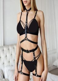 Punk Rock Strap Leather Harness Women Sexy Body Cage Belts Lingerie Underwear 2 Piece Set Garter Faux Leather Suspenders Bondage 26446250