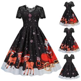 Casual Dresses Christmas Printed Womens Short Sleeve Lace 1950s Housewife Evening Party Prom Dress Woman Clothing