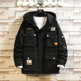 Men S Jackets Jacket Multi Pockets Hooded Outwear Korean Fashion Patch Zipper Coats Retro Techwear Oversize Clothing
