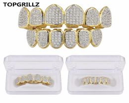 Europe and America Hip Hop Iced Out CZ Gold Teeth Grillz Caps Top Bottom Diamond Teeth Grillzs Set Men Women Grills9117865