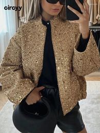 Women's Jackets Circyy Sequins For Women Gold Chic Luxury Shiny Pockets Streetwear Fashion Elegant Long Sleeve Ladies Outfits Coats