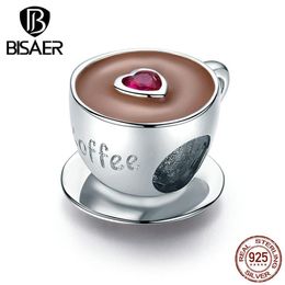 Cup Beads BISAER 925 Sterling Silver Coffee Cups Cafe Beads Charms fit for Charm Bracelets Silver 925 Jewellery ECC1286 Q0225250t