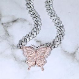 Choker Iced Out Bling 5A Cubic Zirconia White Pink Two Tone Color Butterfly Fashion Cuban Link Chain Choker Necklace Jewelry For W291w