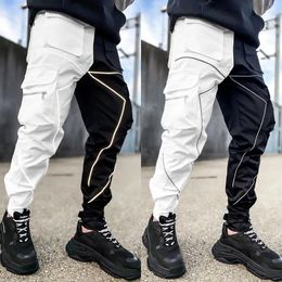 Men's Pants Mens Casual Black White Patchwork Cargo Loose Plus Size Striped Multi Pocket Jogging Sports Fitness Hip Hop Jogger Trouser