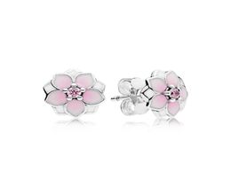 Pink magnolia Stud Earrings Original Box for 925 Sterling Silver Women Girls flowers Earrings retail Box sets1494271