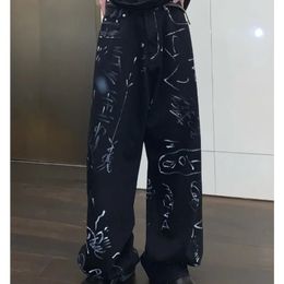 Autumn and winter Paris graffiti straight jeans for men and women loose high street distressed washed casual wide-leg trousers 231229