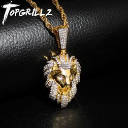 TOPGRILLZ Hip Hop Gold Color Plated Iced Out Micro Pave Cubic Zircon Lion Head Pendant Necklace Charm For Men Jewelry Gifts 201014278C