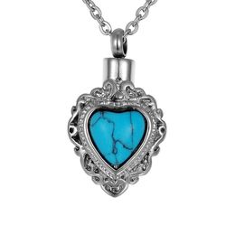 Lily Stainless Steel Cremation Jewelry Retro Pattern Embed Turquoise Memorial Urn Necklace Ash Keepsake with Gift Bag And Chain229E