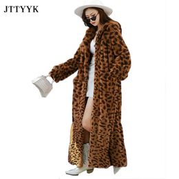 Women Winter Leopard Fur Jacket X-Long Parkas Warm Plush Fluffy Faux Fur Coats Hooded Korean Overcoat Female Oversized Clothing 231228