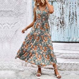 Casual Dresses Vintage Floral For Women Bohemian Printed Loose Summer Dress Ruffle Beach Holiday Long Swing Boho