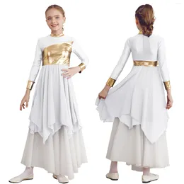 Stage Wear Kids Girls Lyrical Ballet Dance Dress Long Sleeve Bronzing Cloth Patchwork Praise Dresses For Contemporary Modern Dancewear