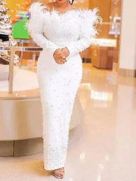 White Beads Elegant Evening Dres s Wear Slim Feather Neckline Beaded Tassel Bandage Long Sleeve Off Shoulder 231228