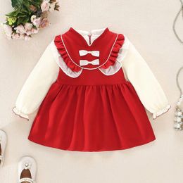 Girl Dresses Autumn And Winter Thickened Ruffled Red Baby Dress Christmas Sweet Bow Children's Long Sleeve Clothing Year Outfits