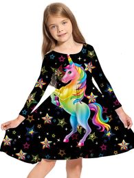 Children s Clothing Long Sleeved Dress Large Swing Skirt Round Neck Unicorn 231228