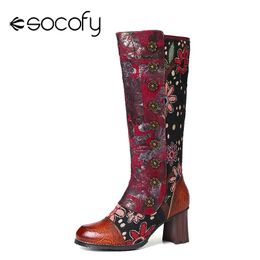 Boots Socofy Vintage Boots Suower Genuine Leather Splicing Mid Calf High Heel Boots Elegant Shoes Women Shoes Botas Mujer 2020