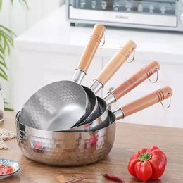 Stainless steel pan Japanese Snow Pan Wooden Handle Lid Stew Pots Fry Wok Saucepan Milk Pot Kitchen Utensils Practical Cookware 231229