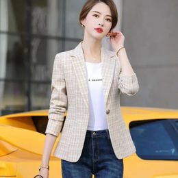 Autumn Winter Outwear Casual Jackets Female Slim Single Button Coat For Office Lady S-5XL Woman Pink Apricot Plaid Blazer 231229