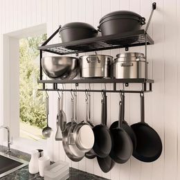 30Inch Kitchen Pot Rack Storage and Organisation Matte Black 2Tier Wall Shelf for Pots Pans with 12 Hooks 231228