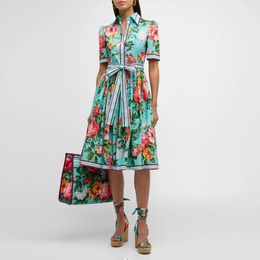 Womens Dress European Fashion Brand Blue Cotton Spring/summer Rose Garden Printed Custom Button Gathered Waist Large Hem Short Sleeved Midi Dress