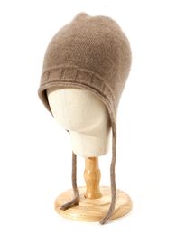 Women Autumn Winter Thin Cashmere Knit Bomber Hat Drawstring Warm Soft Earmuff Russian Caps Warm Real Pashmina #100 231228
