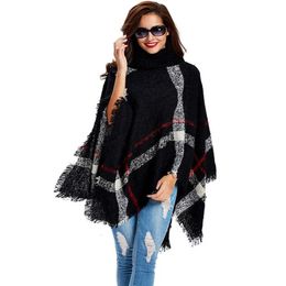 11th Nov Plus Size Women Plaid Cardigan Turtleneck Cape Batwing Sleeve Knit Poncho Sweater 231228