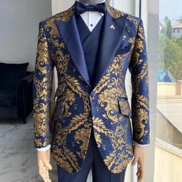 Men's Suits Jacquard Floral Tuxedo For Men Wedding Slim Fit Navy Blue And Gold Gentleman 3 Piece Male Costume ( Jacket Vest Pant)