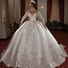 Stunningbride 2024 Luxurious Beaded Crystals Wedding Dress V Neck Lace Appliques Bridal Gowns Sequined Long Train Plus Size Elegant Bride Dresses