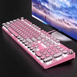 Pink Keboard 104 Keys Layout LED White Backlit Round Keycaps Green Switch Mechanical Keyboard for Notebook PC 231228