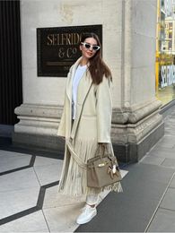 Elegancka solidna damska wełniana wełniana wełniana moda Lapel Long Sleeved Pockets Płaszcz Autumn Winter Female Elegant Streetwear 231228