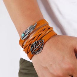 Charm Bracelets Punk Vintage Multi Layered Cowhide Bracelet For Men Fashion Simple Leaf Feather Accessories Woven Leather Wide Bangles